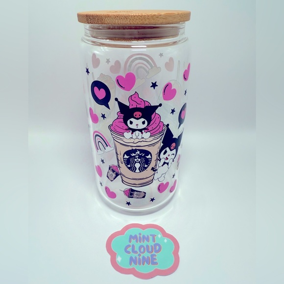 ❗️2/$22❗️CAN GLASS CUP BAMBOO LID & STAINLESS STEEL STRAW - STARBUCKS KUROMI - Picture 1 of 5